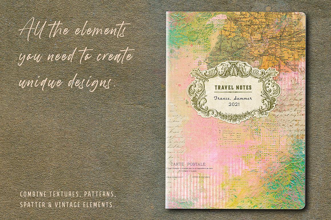Travel notebook design created with textures and elements from the Complete Inspirational Textures and Elements Collection.