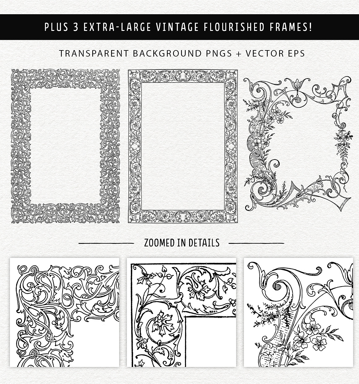 Large vintage flourish frames or border overlays and vector graphics.