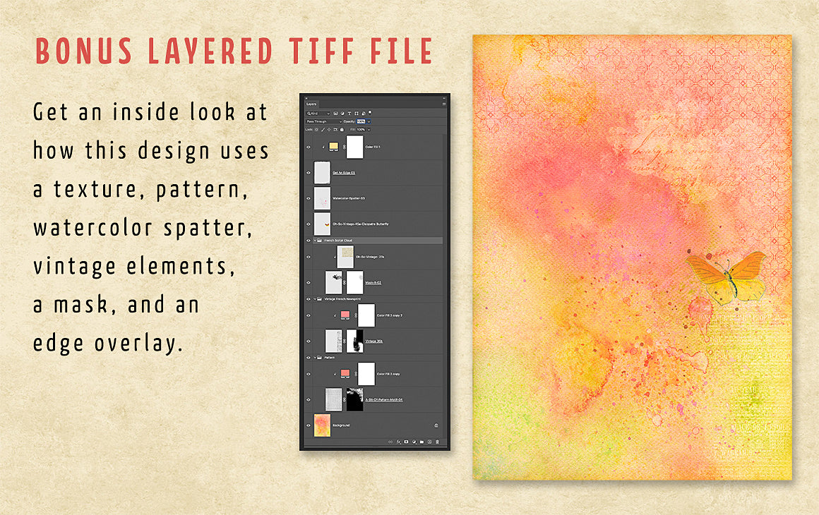 A layered tiff file showing how to use the Complete Inspirational Textures and Elements Collection.