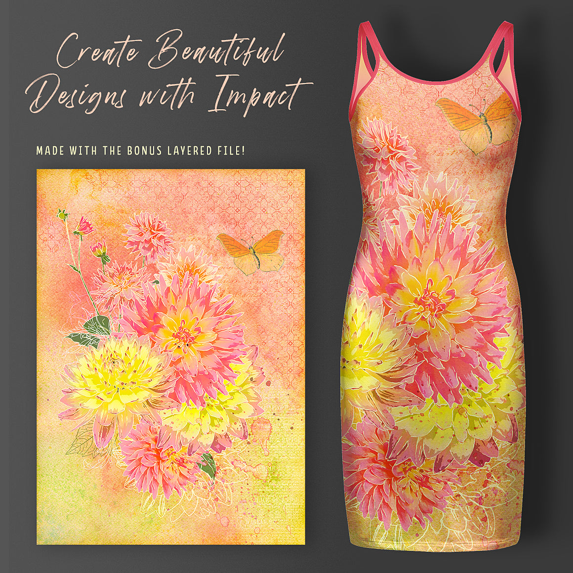 Photographic design on a dress mockup using the example layered file in the Complete Inspirational Textures and Elements Collection.