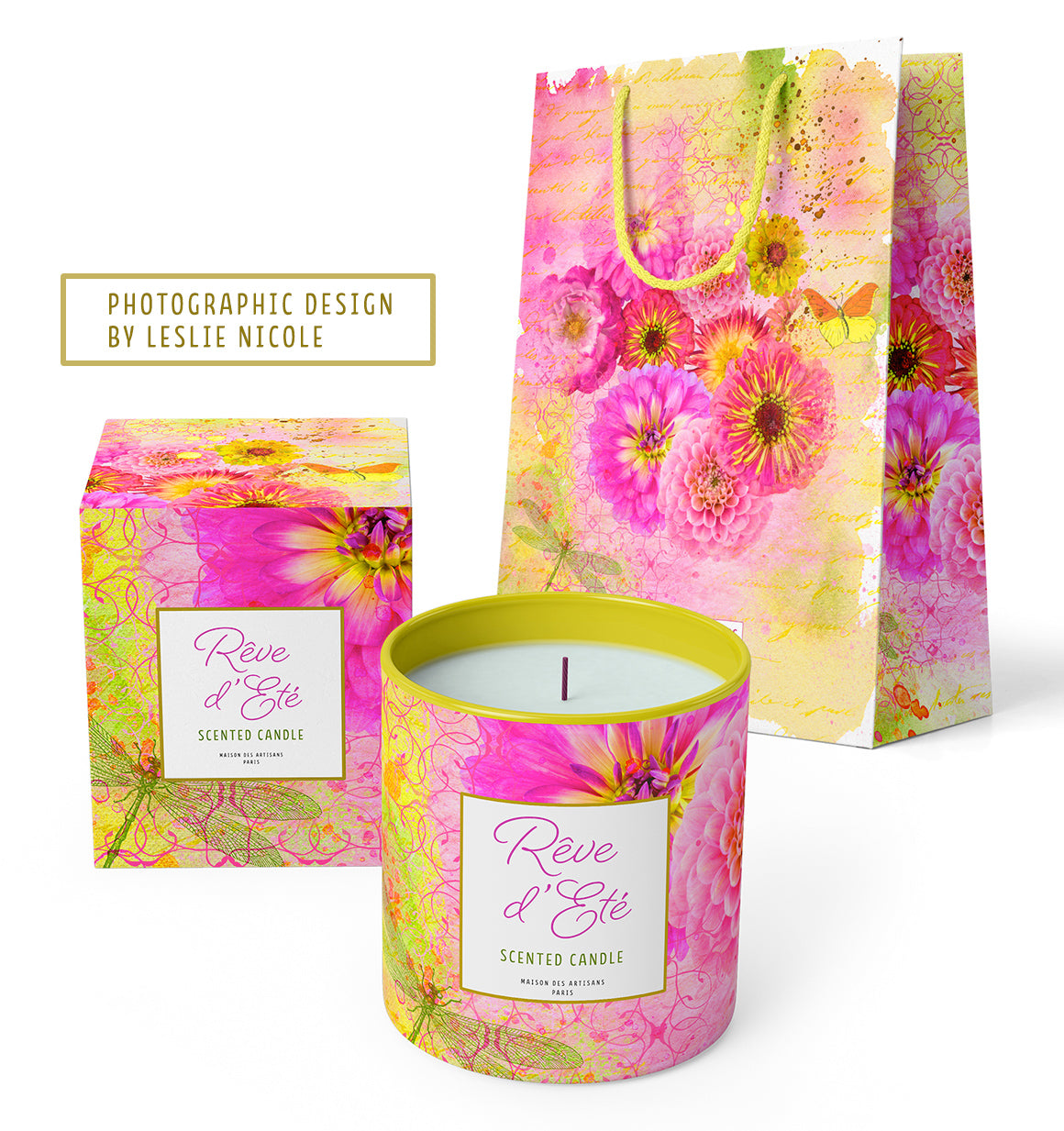 Scented candle and shopping bag design using photographic floral art by Leslie Nicole.