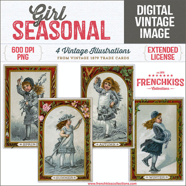 Girl Seasonal vintage illustration graphics depicting Spring, Summer, Fall, and Winter.