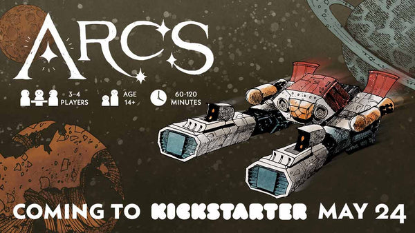 A ship swoops through a star-filled sky, dodging planets. Text reads: Arcs coming to kickstarter May 24