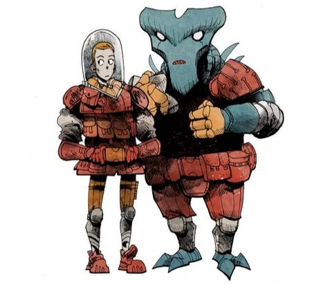 Two figures in space suits, Concept art by Kyle Ferrin for Arcs the board game