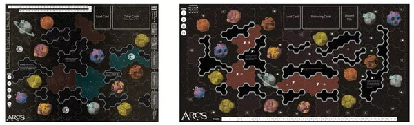 Game boards for Arcs the board game; smaller board on the left for the single-game version, a larger board on the right for the campaign version