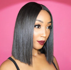 sleek bob hairstyle with pink background