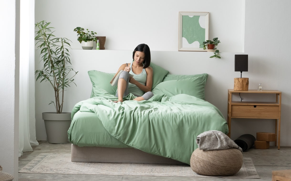 Girl sitting on bed with Weavve's green TENCEL sheets