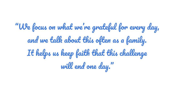 Inspirational quote by Sharon Ismail. We focus on what we’re grateful for every day, and we talk about this often as a family. It helps us keep faith that this challenge will end one day.