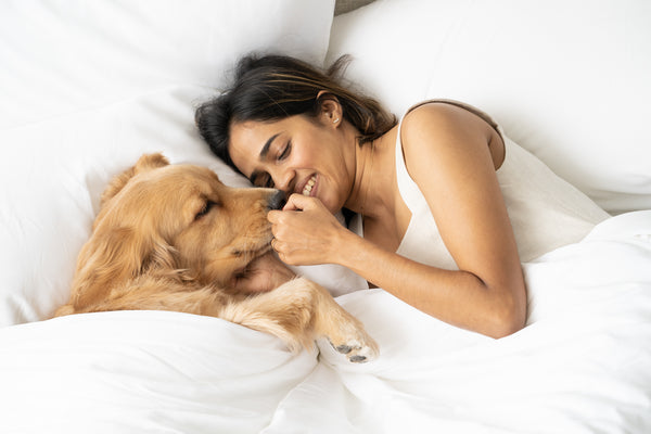 Woman and dog on white bed