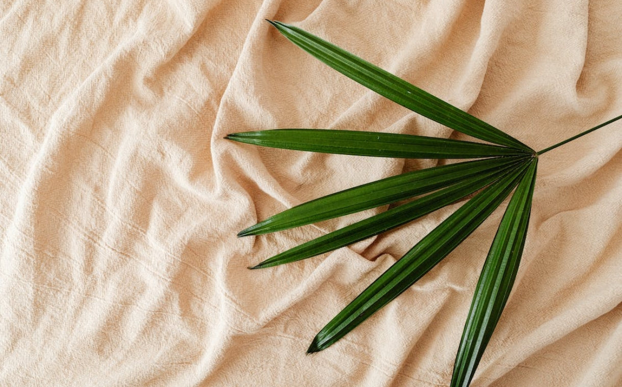 bamboo bedsheet with leaf above it