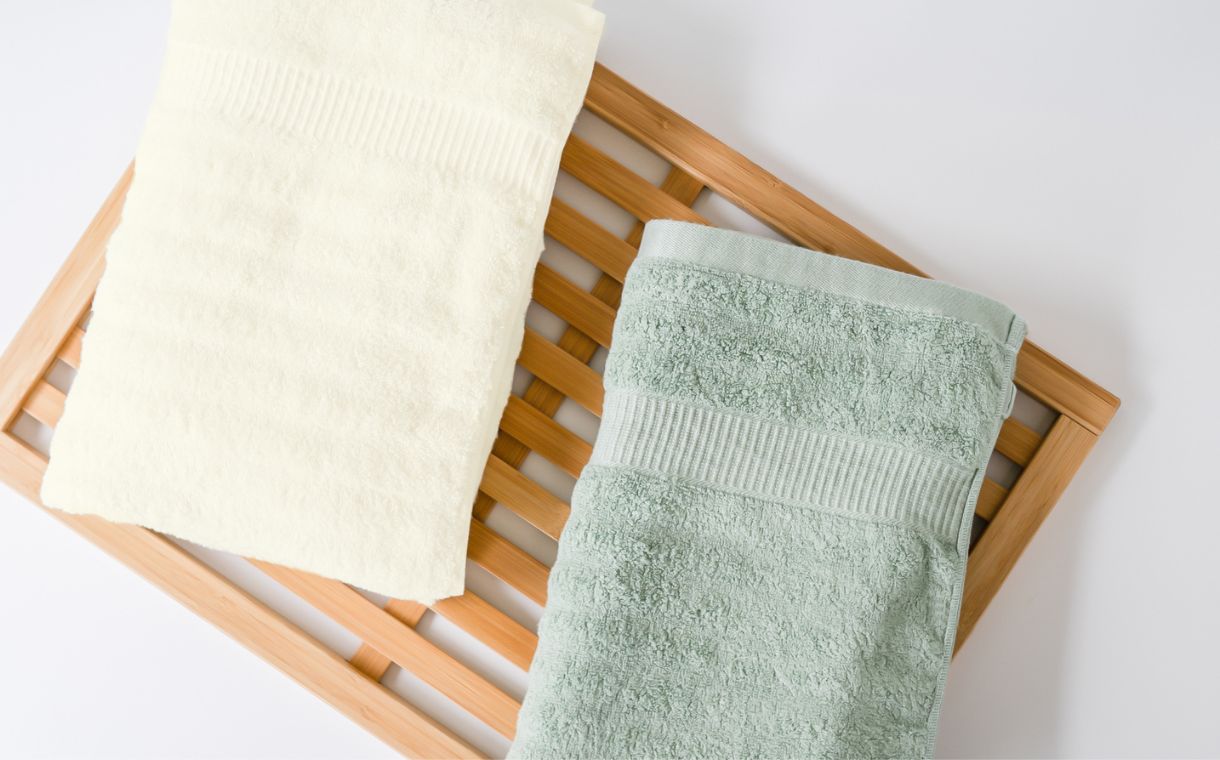 cream and green bamboo towels