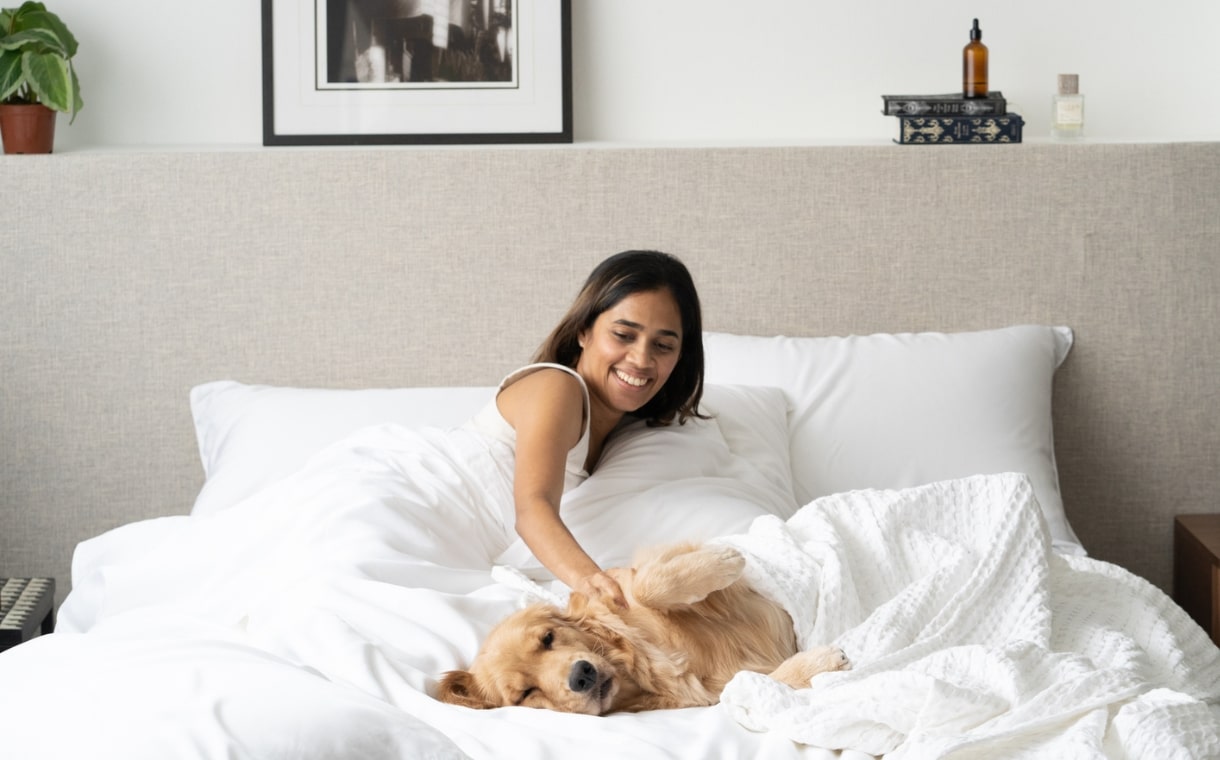 girl and her dog playing on top of white bed