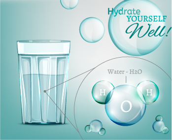 glass of water and h20 molecule with text hydrate yourself well