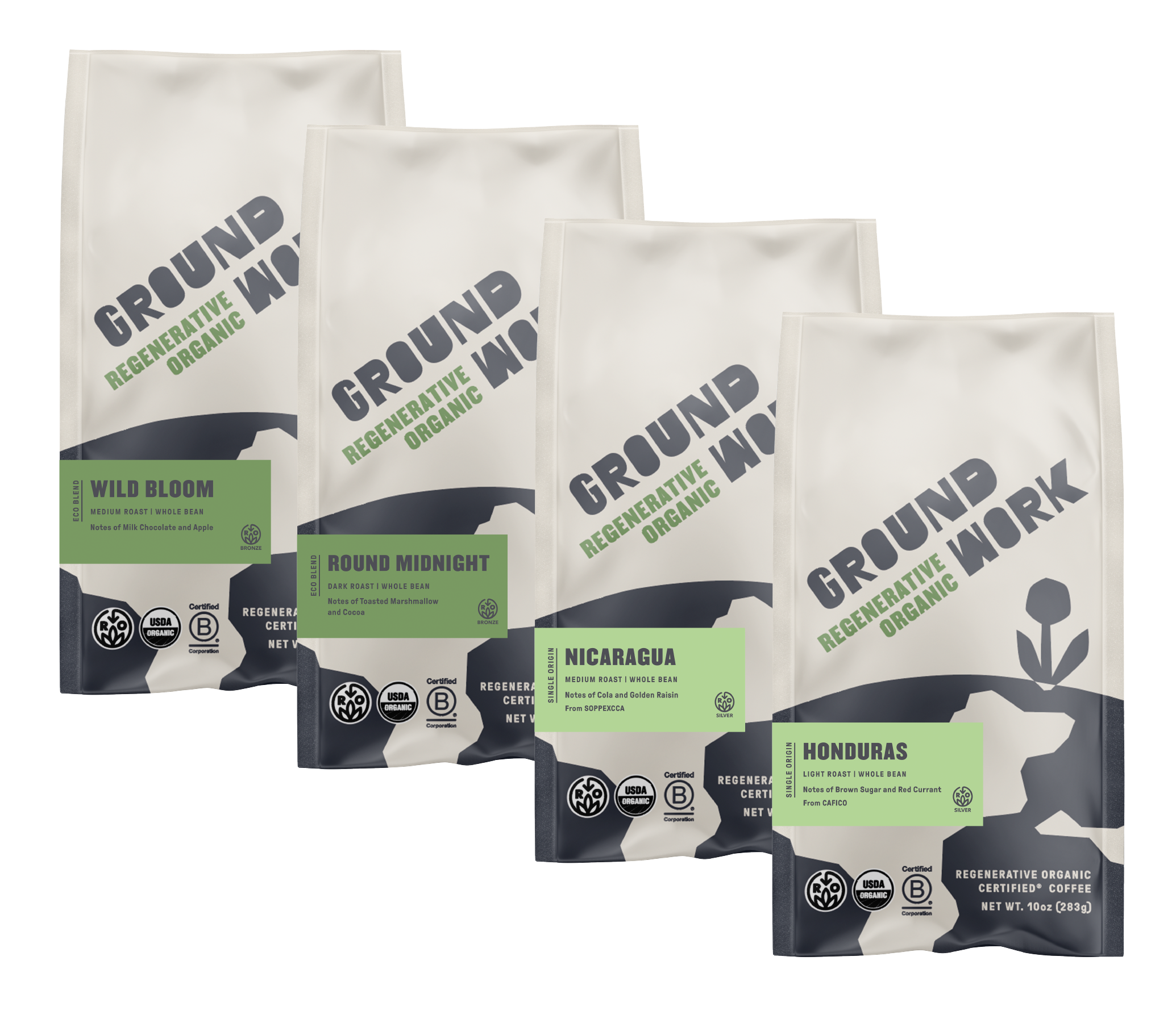 Four coffee bags, one of each of Groundwork's new Regenerative Organic offerings
