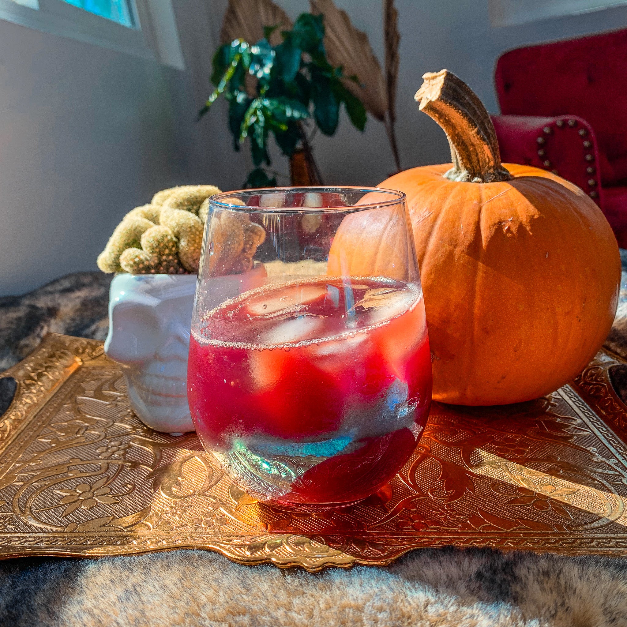 Cranberry cold brew in wine glass, in front of skull decoration and pumpkin