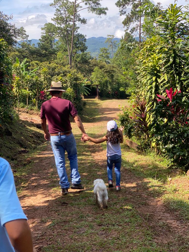 View from behind as CAFICO farmer,  his daughter and dog walk through their regenerative farm