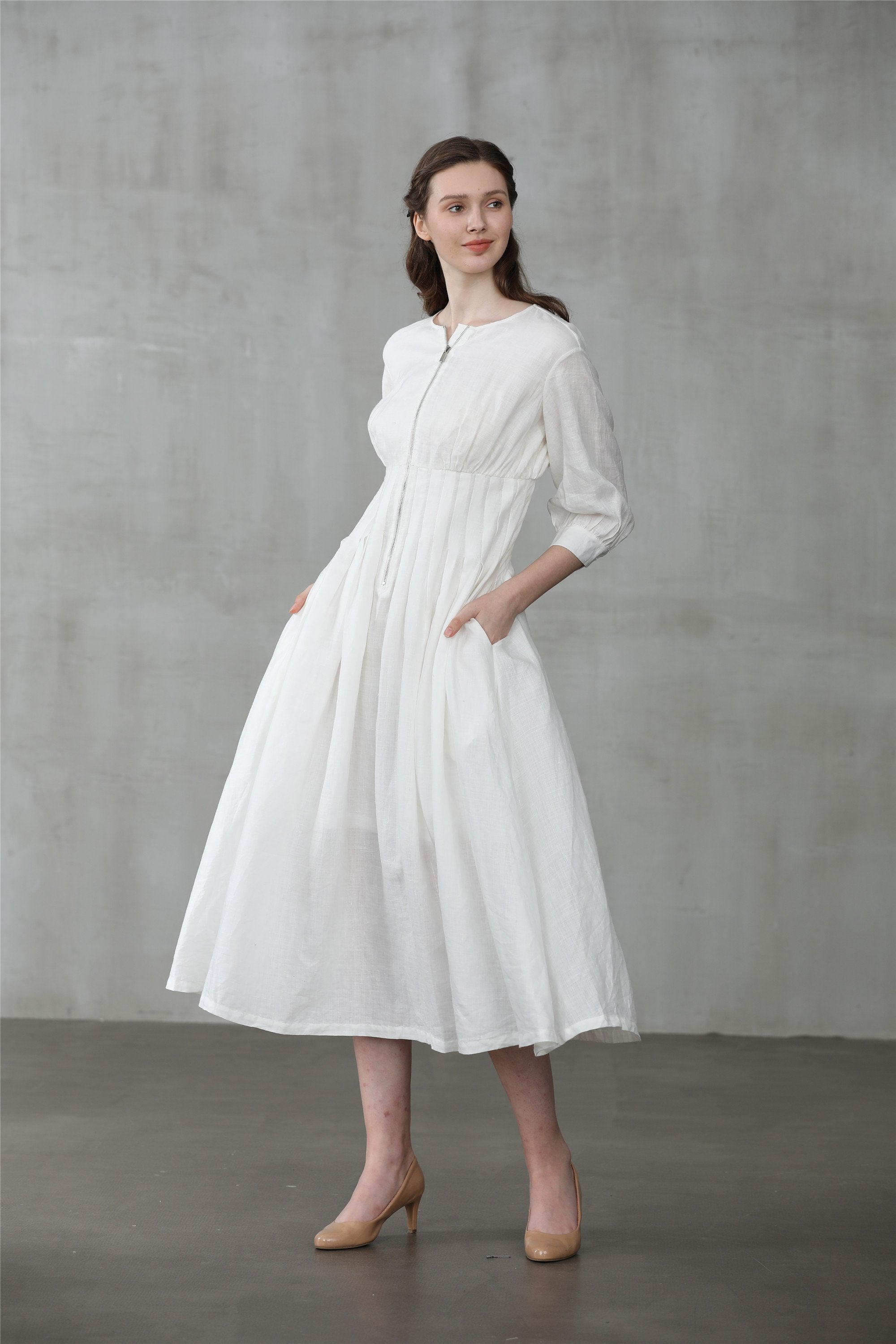 white linen flowing dress