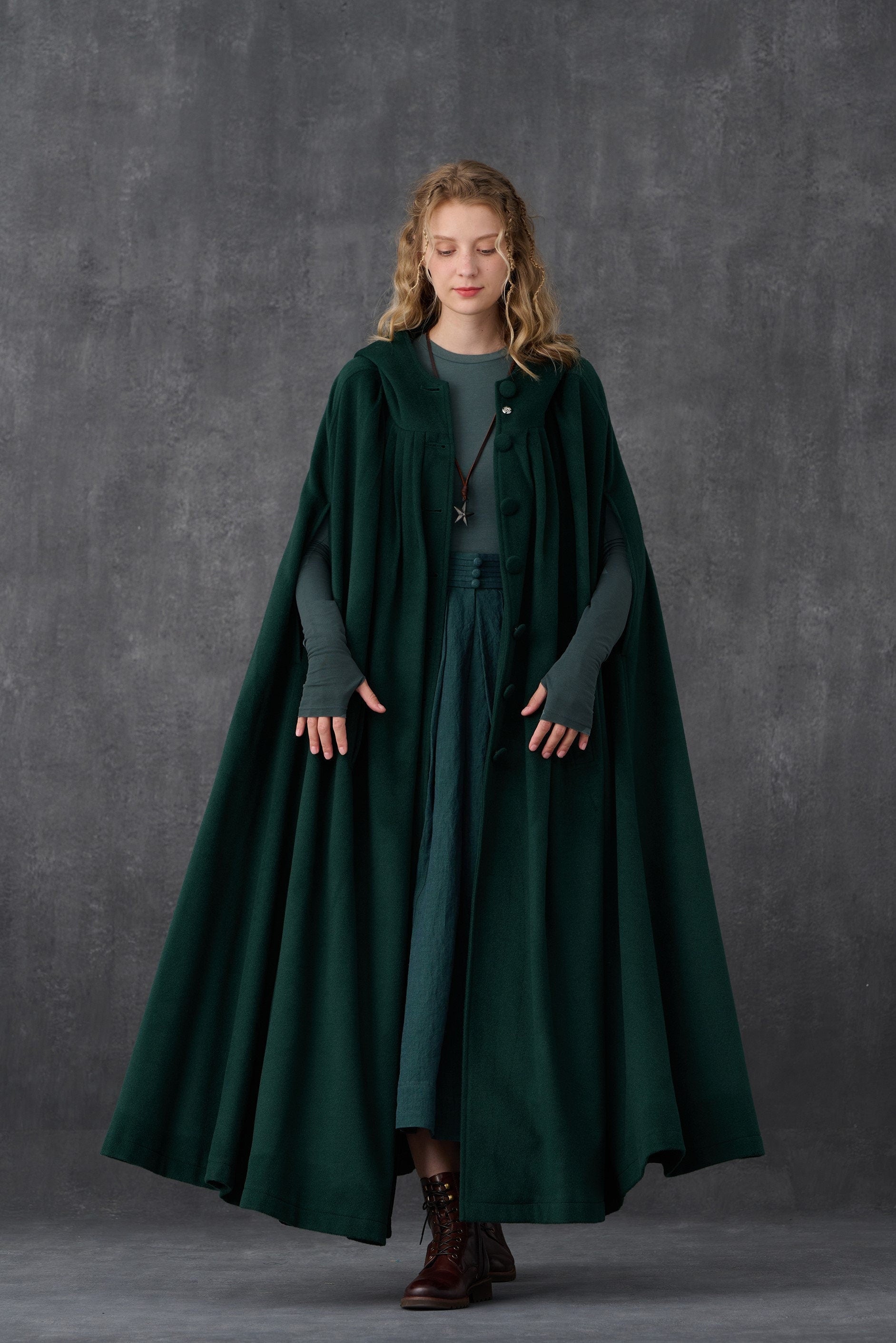 Ariel 14 | Hooded Wool Cloak Coat in Teal – Linennaive