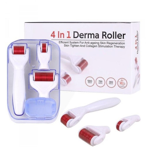 A white and red derma roller. There are 3 in a plastic container and 3 lying flat on the table. Behind is the derma roller packaging.