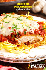 Chicken Parmigiana at Olive Garden is certified Italiano from top to bottom!! Juicy cutlets of chicken dredged in Italian herbs are lightly fried and served on a bed of pasta with red sauce. It’s a classic meal, and with my copycat recipe, you can make it easily at home in just 30 minutes!!