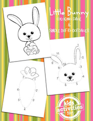 Maklike bunny-kleurbladsye en eenvoudige bunny-kol-tot-kol-werkblaaie