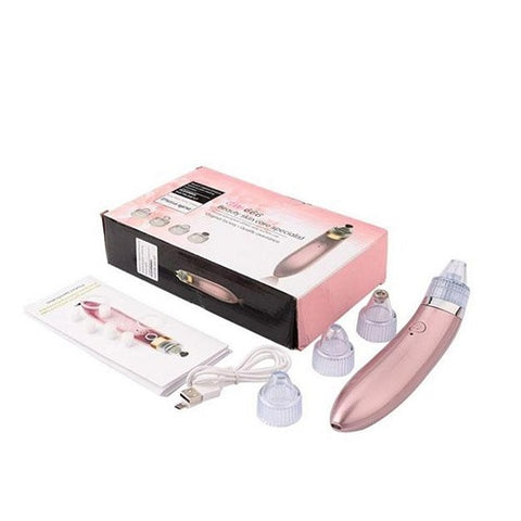 A skin pore cleaner in pink with different size heads, USB charger, packaging box and manual.