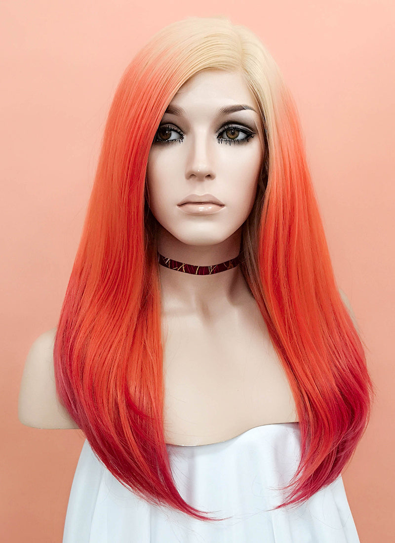 Orange Red Ombre With Blonde Roots Straight Lace Front Synthetic