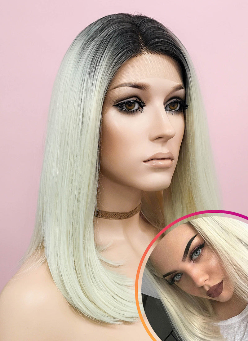Light Blonde With Dark Roots Straight Bob Lace Front Synthetic Wig