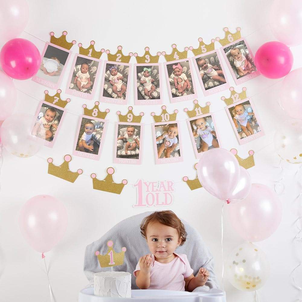 1st Birthday Milestone Photo Banner &amp; Cake Topper - Princess Party