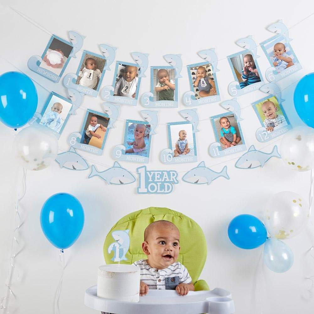 1st Birthday Milestone Photo Banner &amp; Cake Topper - Shark Party