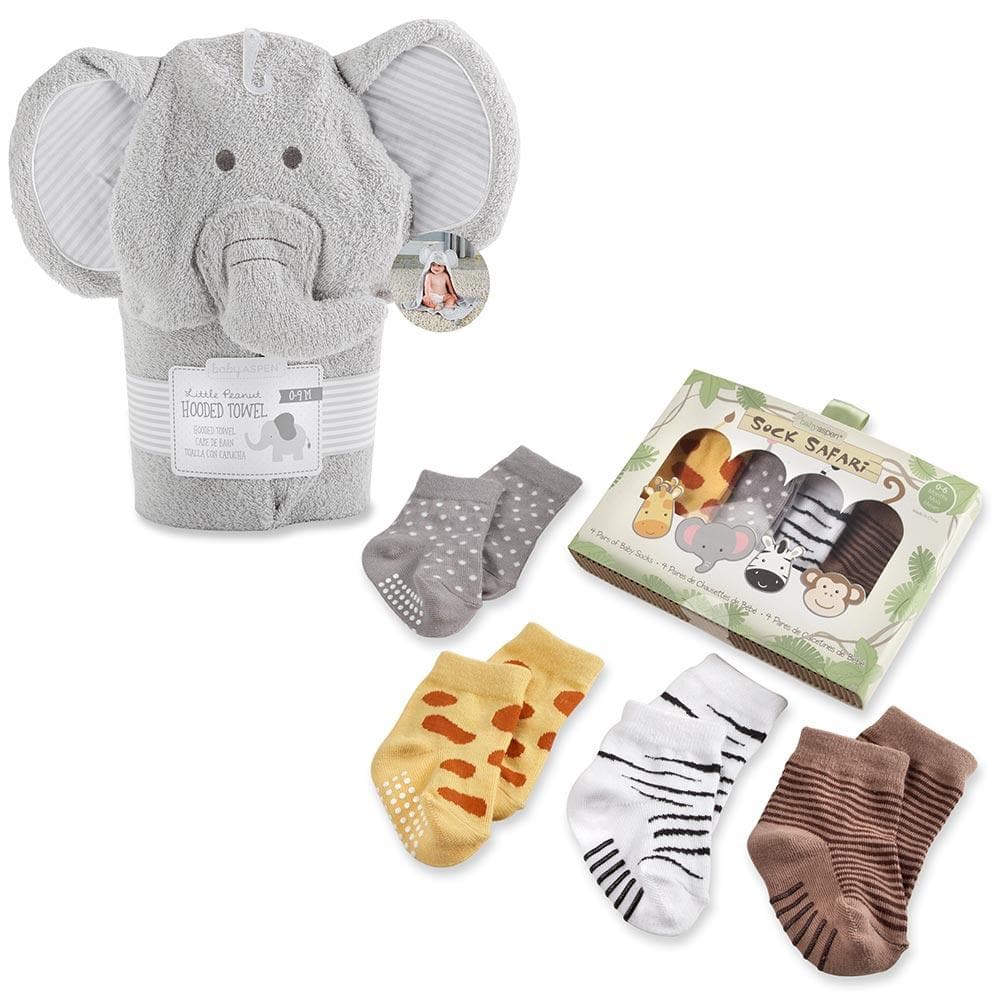 Safari Gift Set with Elephant Hooded Towel &amp; 4-Pair Sock Set
