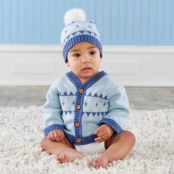 Blue Fair Isle Cardigan and Pom Pom Hat