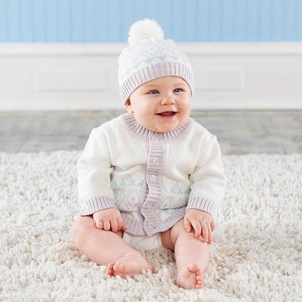 White Fair Isle Cardigan and Pom Pom Hat