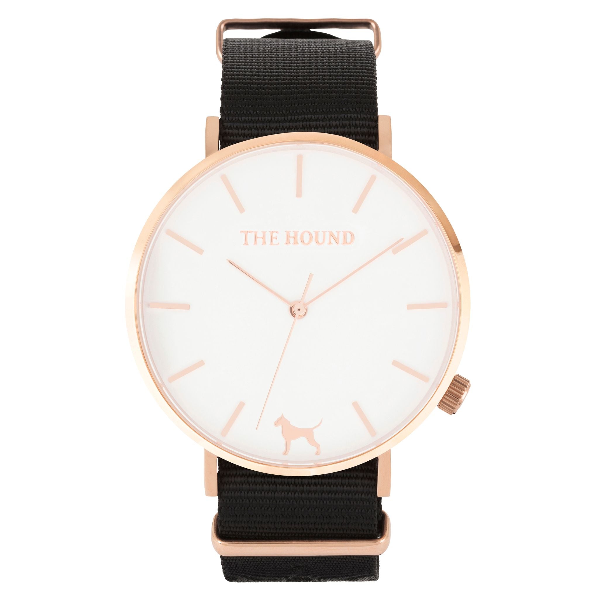 Rose gold & white face watch with black nato