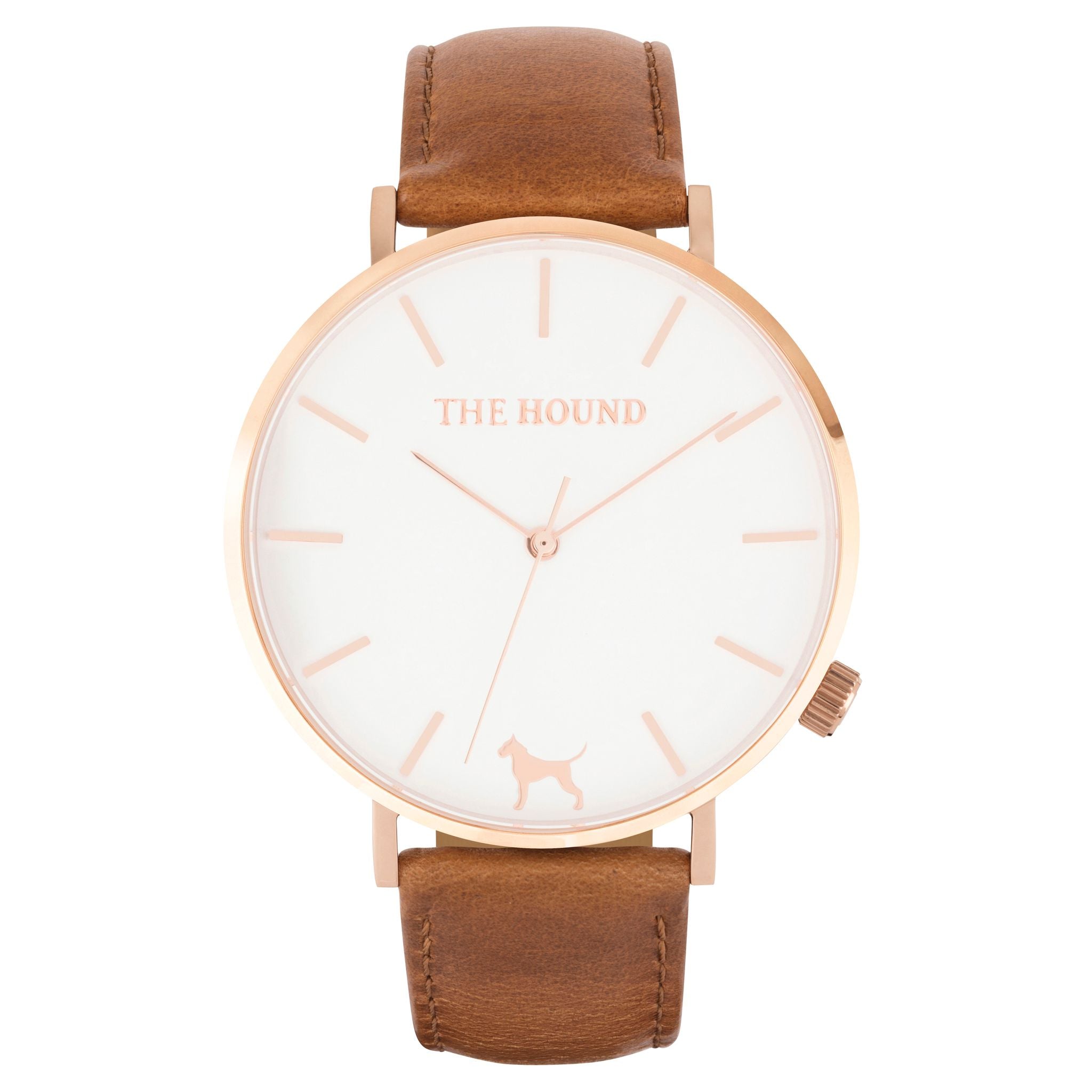 Rose gold & white face watch with tan leather