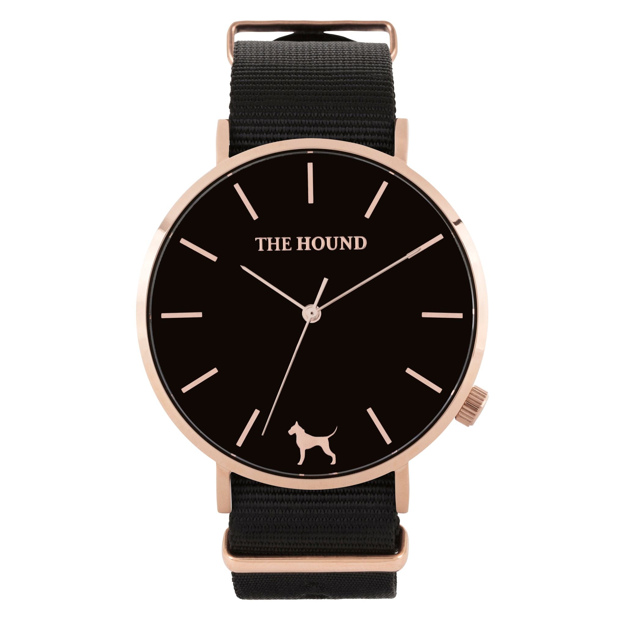 Rose gold & black face watch with black nato