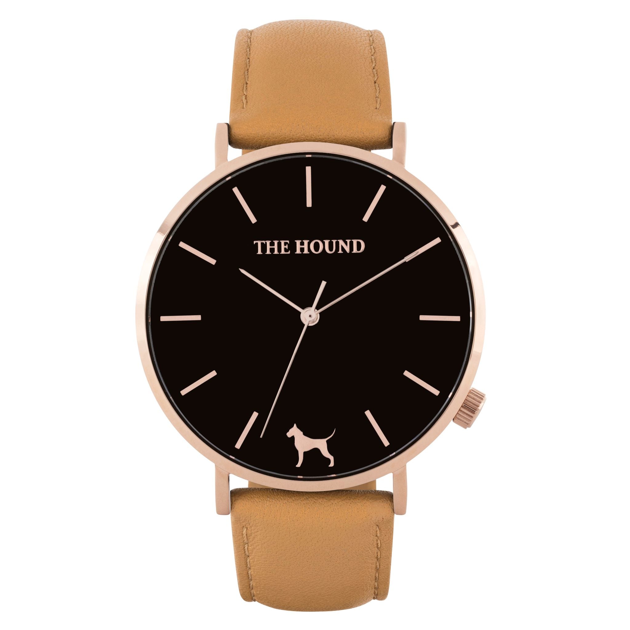 Rose gold & black face watch with camel leather