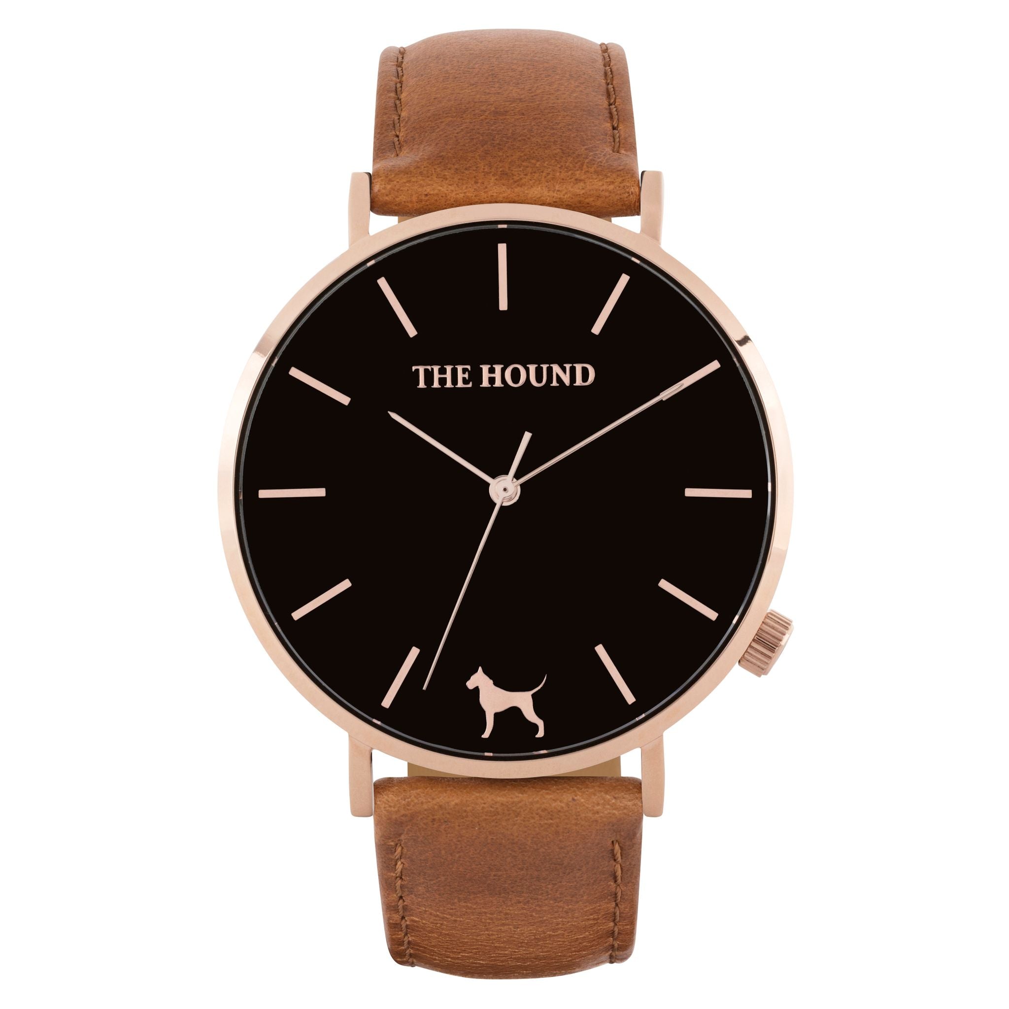 Rose gold & black face watch with tan leather