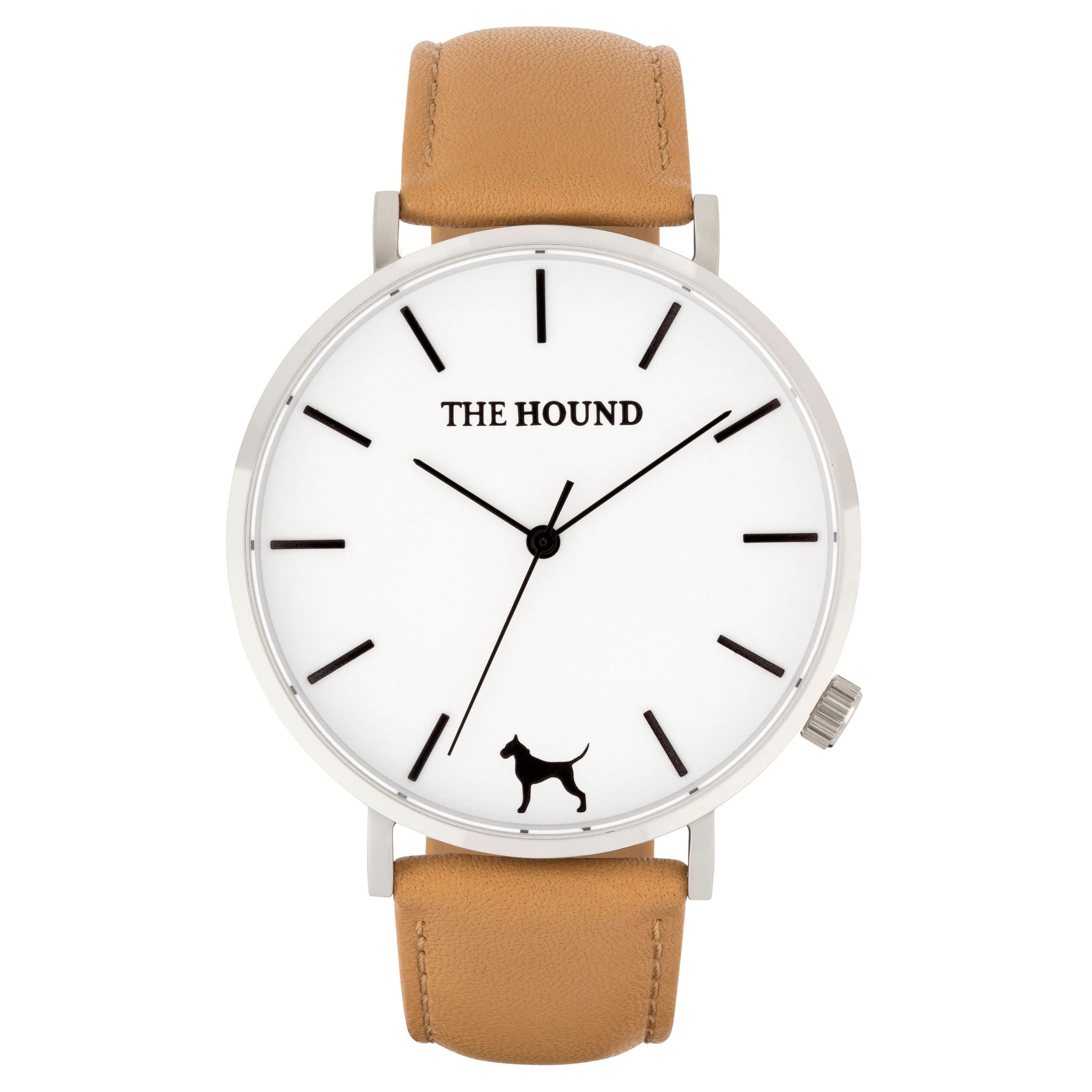 Silver & white face watch with camel leather