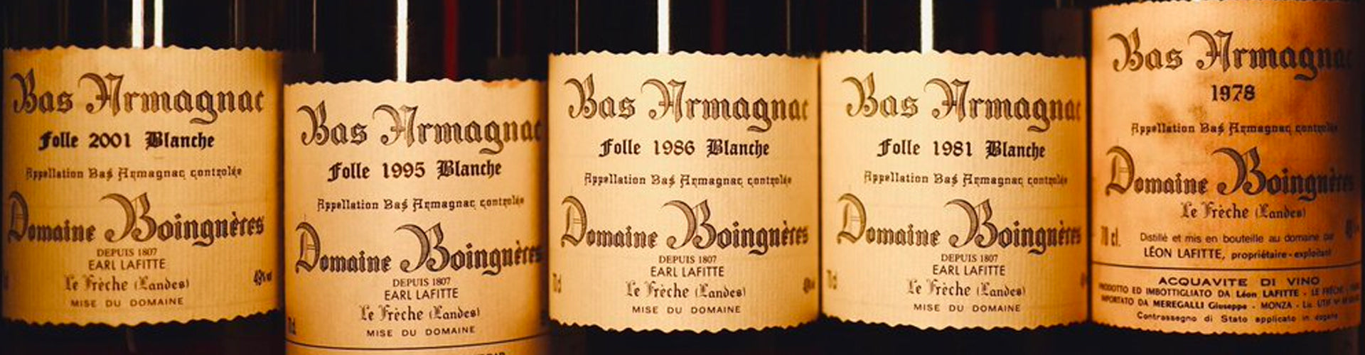 A line-up of Domaine Boingnères Armagnac Bottles