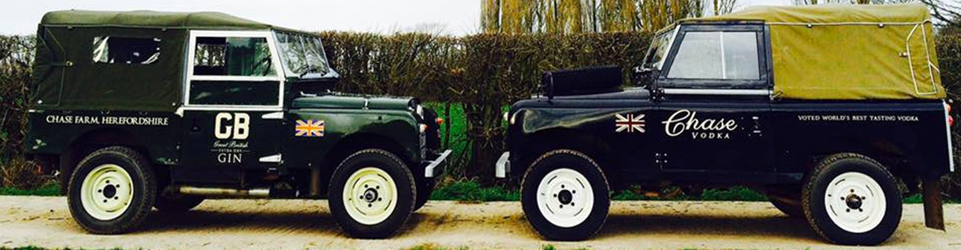 Land Rover Defenders in Chase Distillery Gin & Vodka Livery