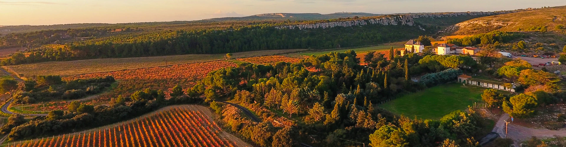 Arial view of Château de la Négly winery and vineyards in the La Clape region of France