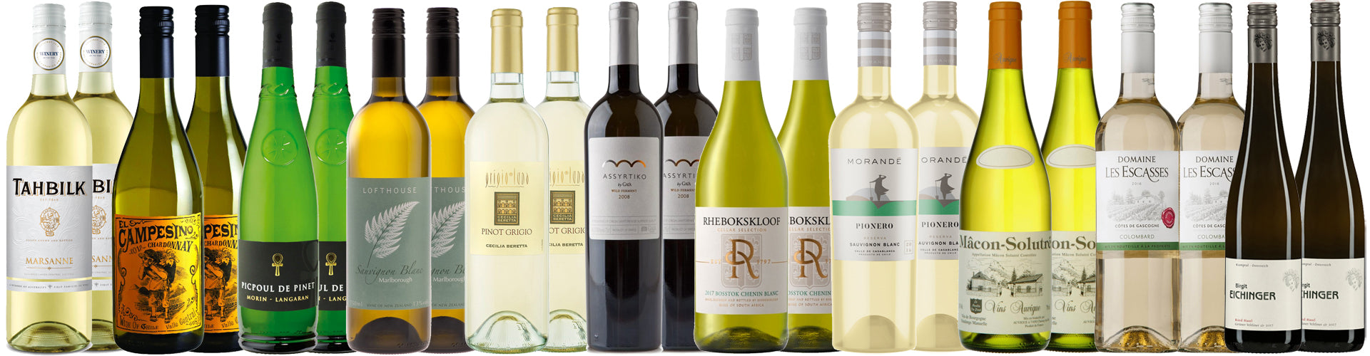 Collection of White Wine Bottles in various styles and grape varieties