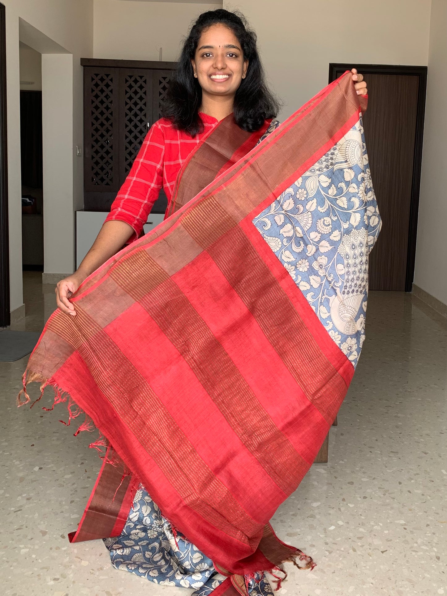 Grey and Red Tussar Silk Saree with Kalamkaari Prints