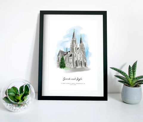 Personalised Wedding Print Church Venue Illustration