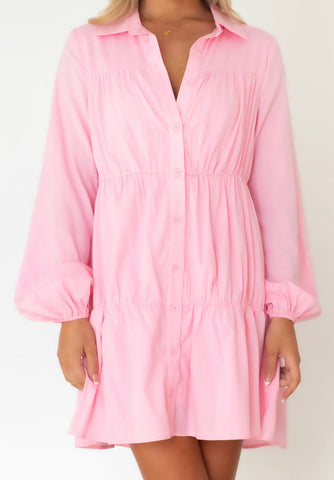 Buttoned Shirt Dress with tiered Gathering details in pink