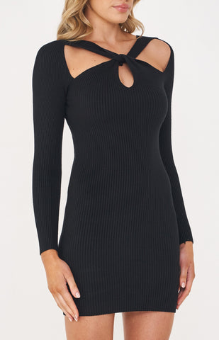 mini black knit dress with long sleeves