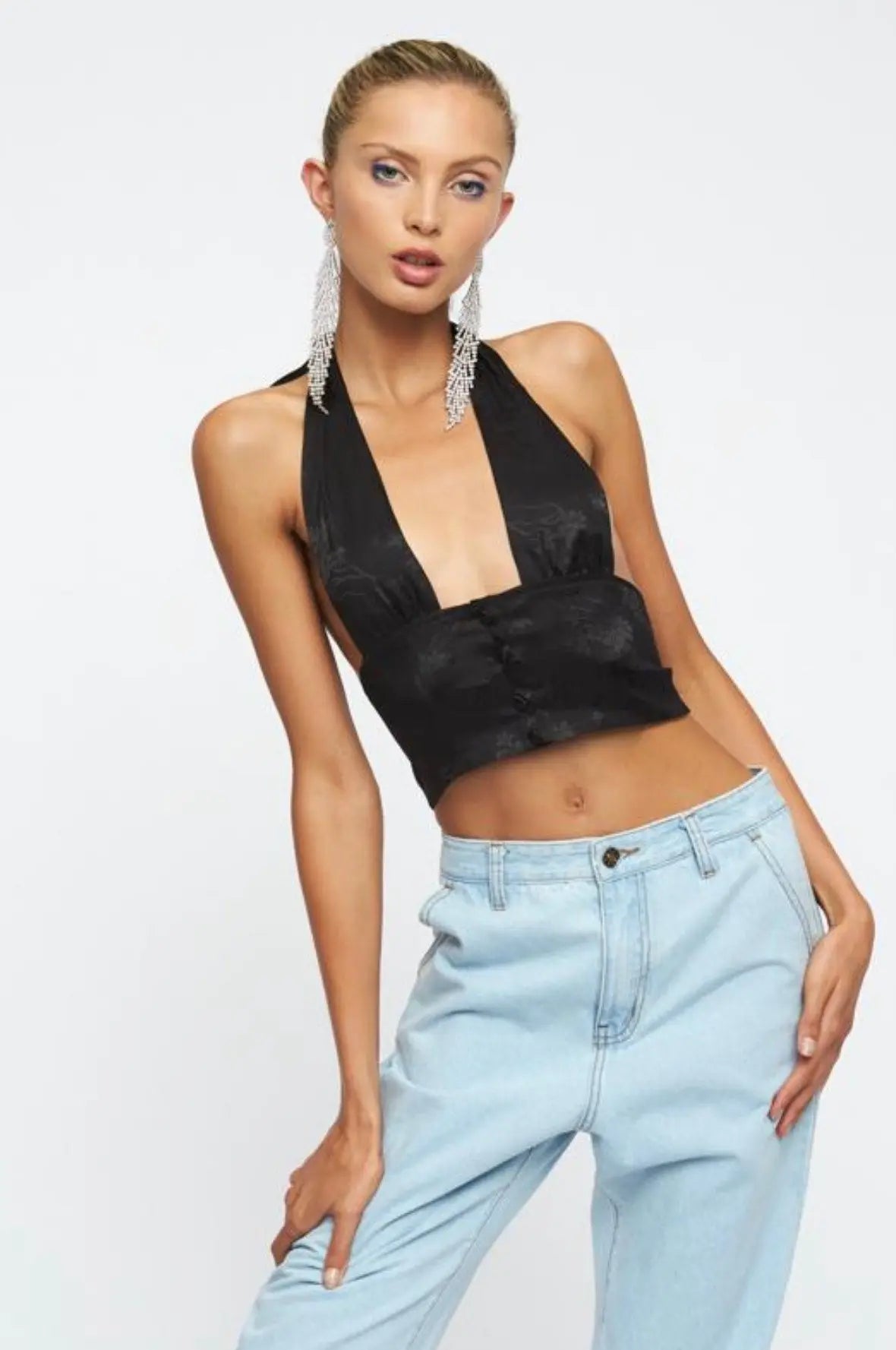 ASOS DESIGN halter leather look lace up crop top in black