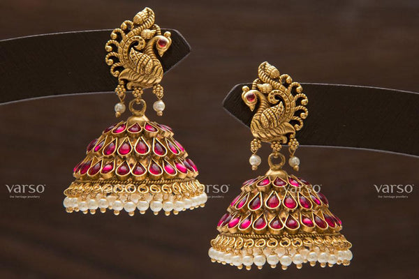 22k Gold Lord Krishna Cz Gems Pearl Jhumkas| Raj Jewels