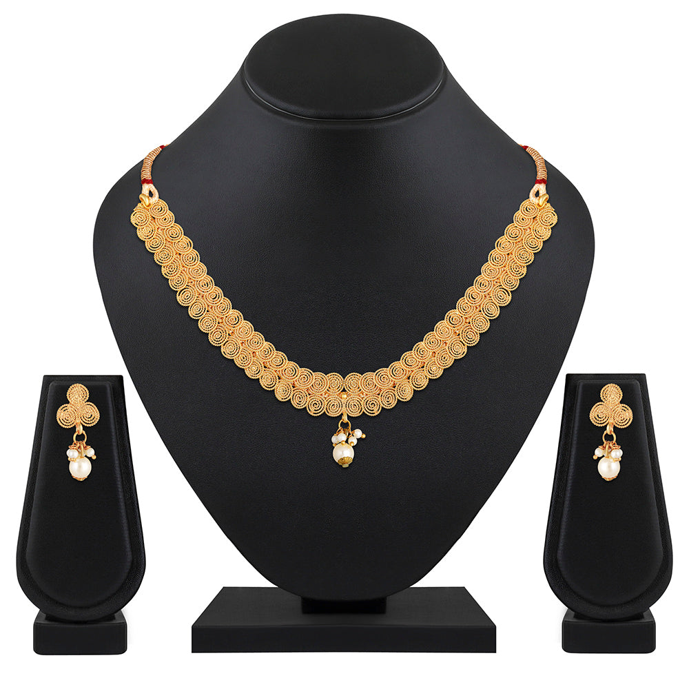 Kord Store Traditional Jalebi Shape Pearls Gold Plated Choker Necklace Set For Women